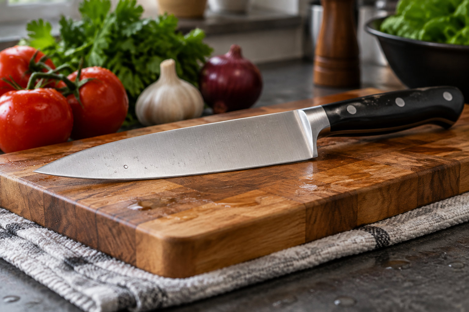 Un grand couteau de cuisine repose sur une planche à découper en bois, avec des tomates, de l’ail, un oignon rouge et des herbes en arrière-plan.