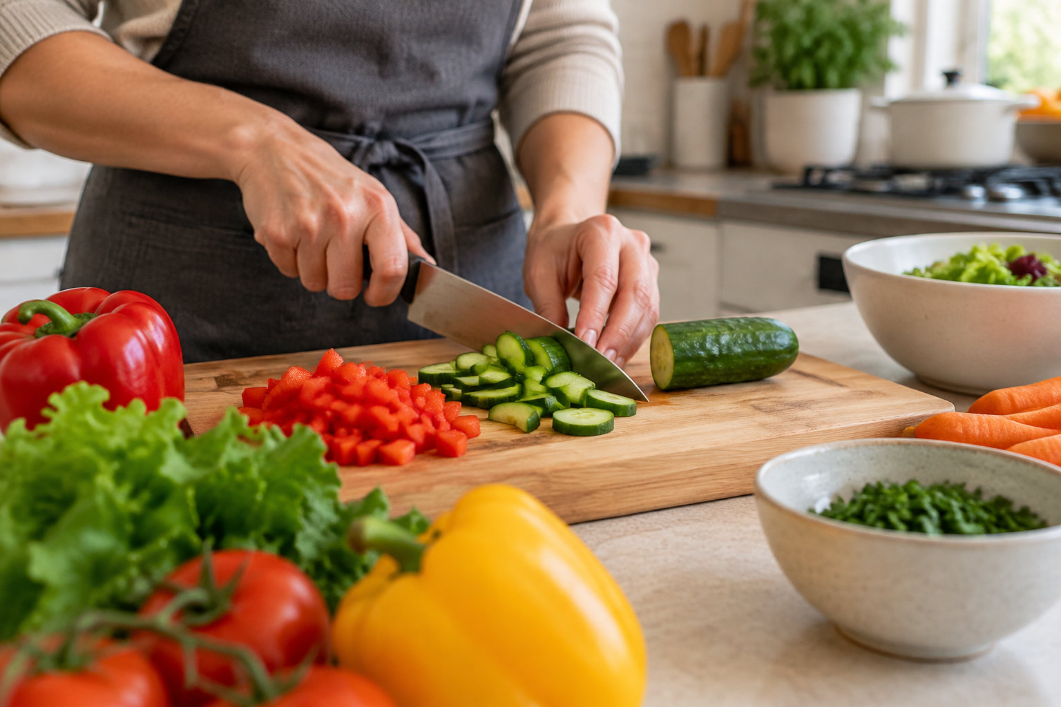 Une personne en tablier coupe un concombre sur une planche entourée de légumes et de bols dans une cuisine.