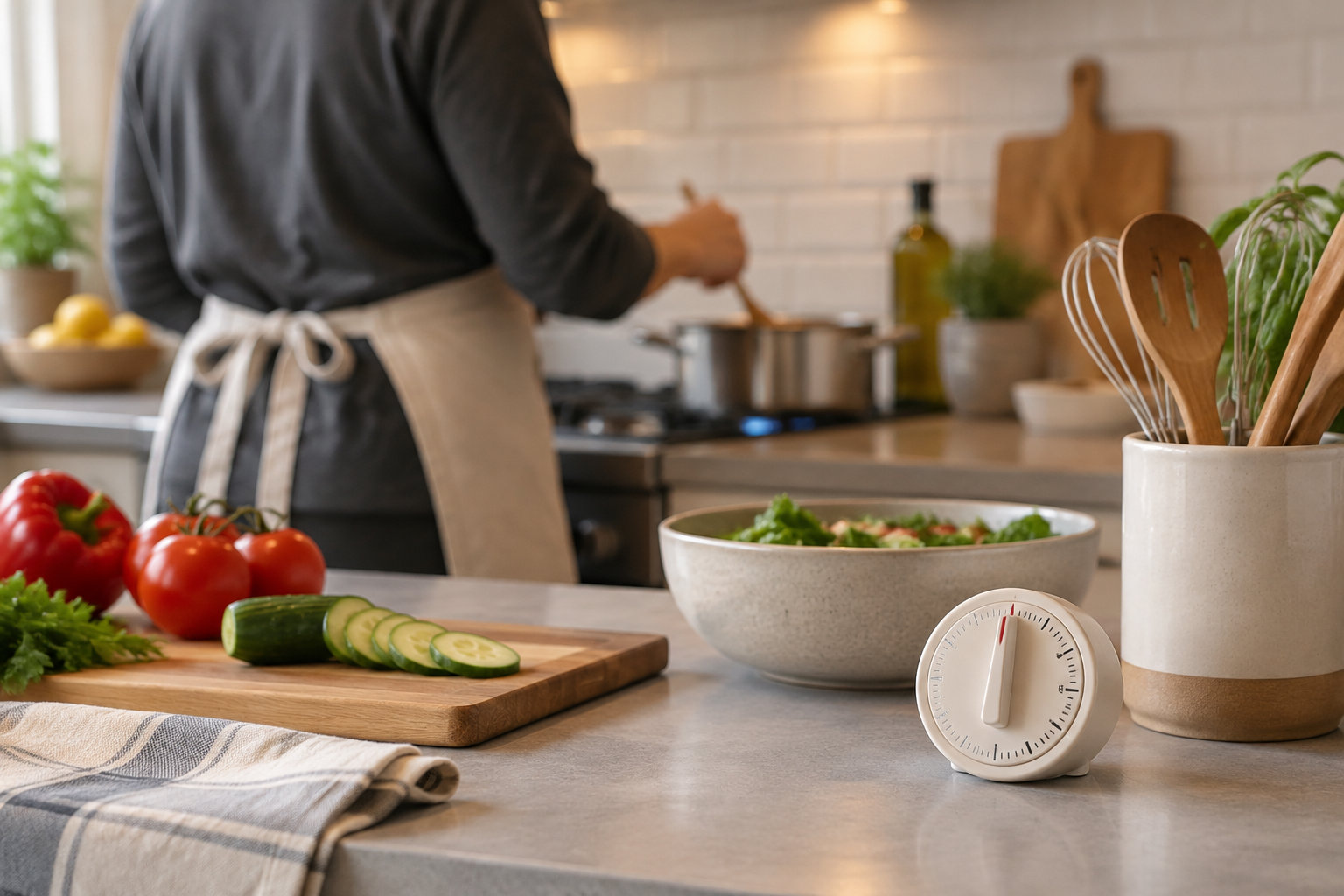 Une personne prépare un repas dans une cuisine, avec des légumes coupés sur une planche, un saladier et un minuteur sur le plan de travail.