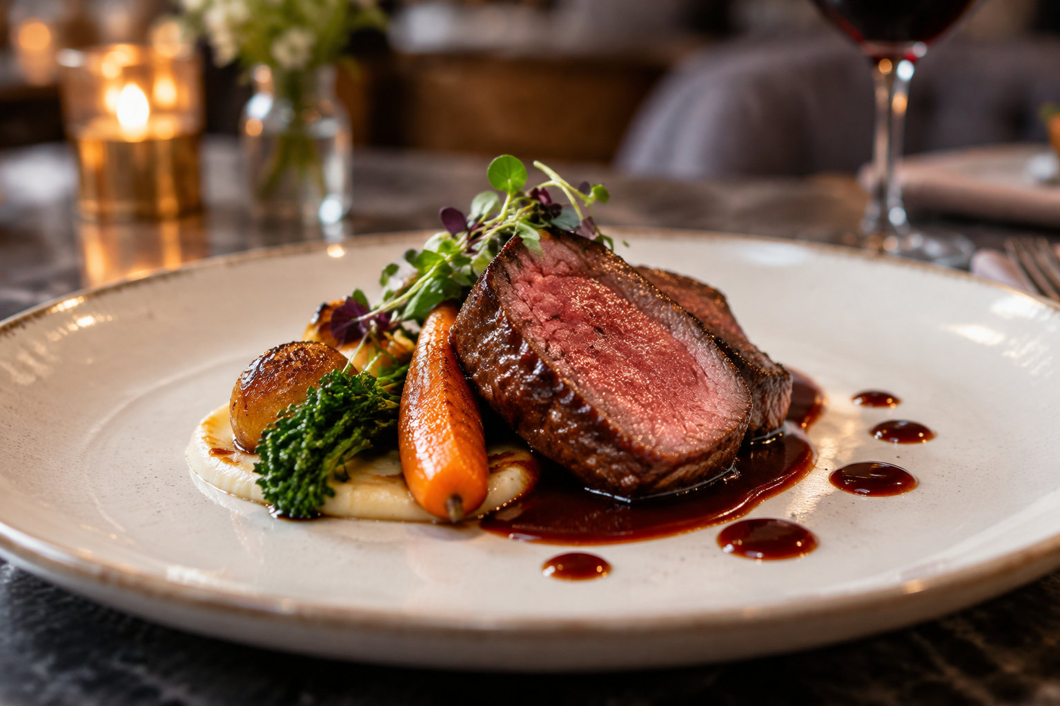 Une assiette de viande rouge tranchée, accompagnée de légumes, de purée et d’une sauce, est posée sur une table de restaurant.