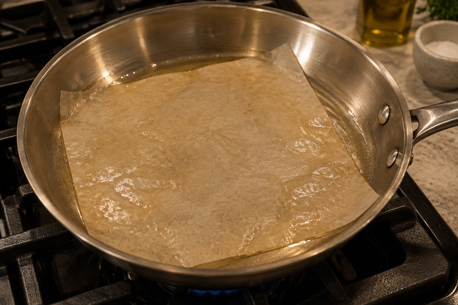 Une poêle contenant de l’eau et une feuille de papier cuisson est posée sur un brûleur allumé.