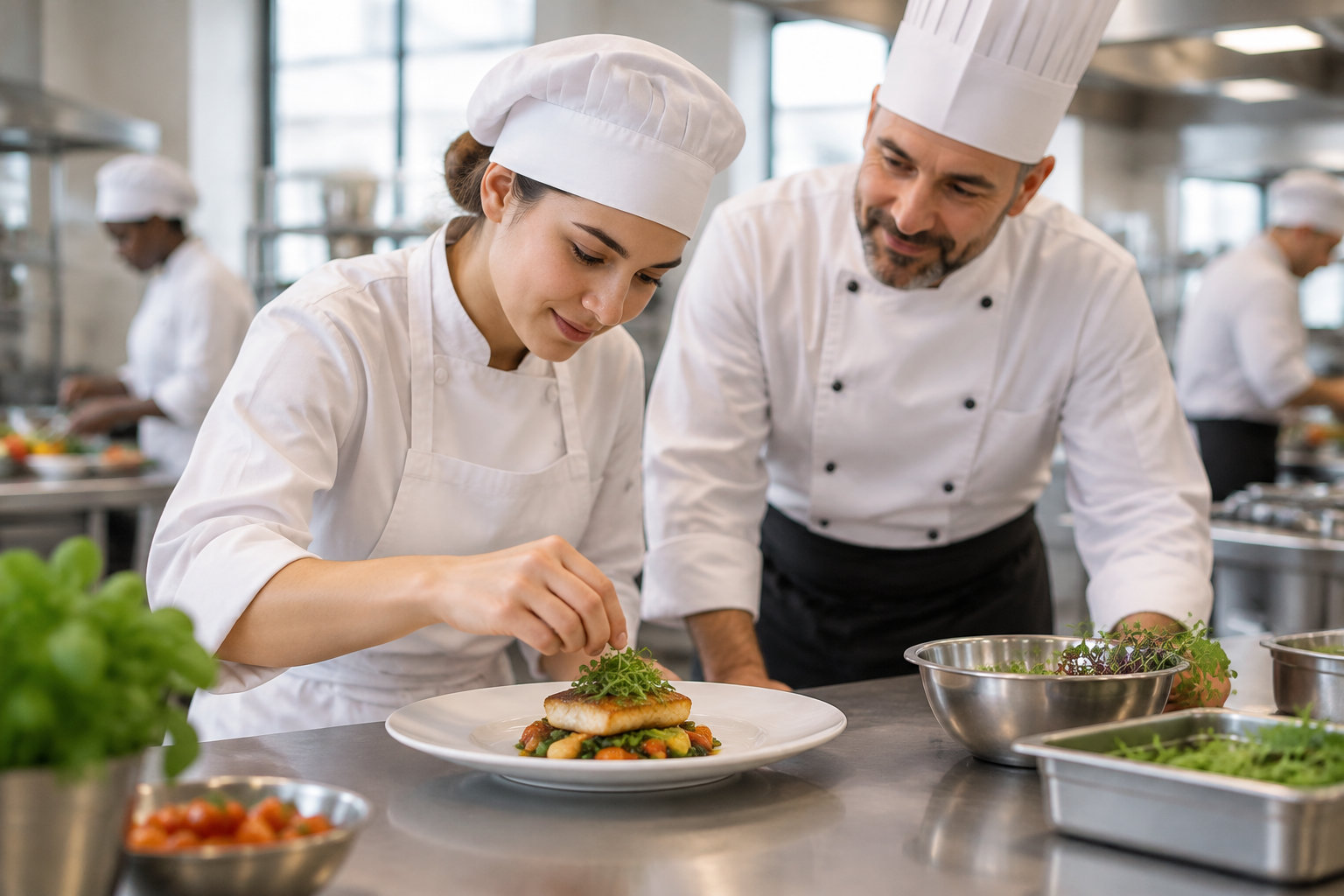 Une cuisinière ajoute des herbes sur un plat tandis qu’un chef l’observe dans une cuisine professionnelle.