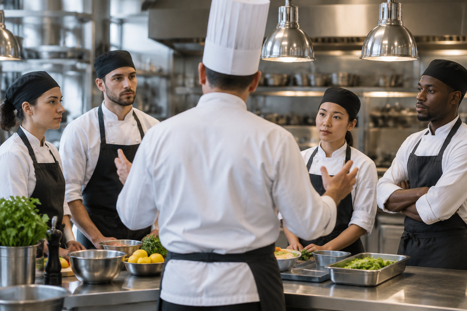 Un chef en toque blanche s’adresse à quatre cuisiniers réunis autour d’un plan de travail garni de bols et de légumes dans une cuisine professionnelle.