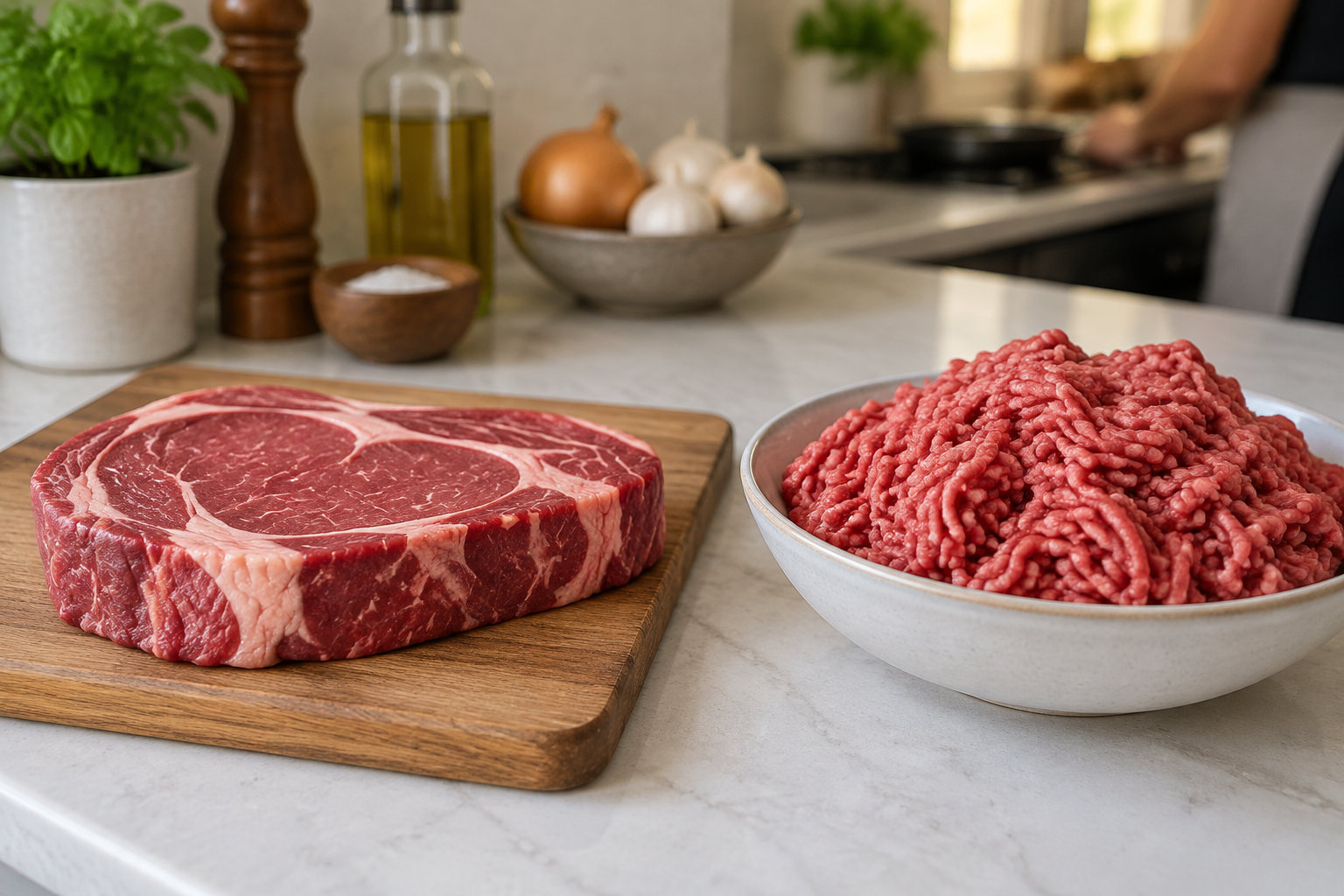 Un steak cru sur une planche en bois et un bol de viande hachée sont posés sur un plan de travail de cuisine, avec des ingrédients et des ustensiles en arrière-plan.