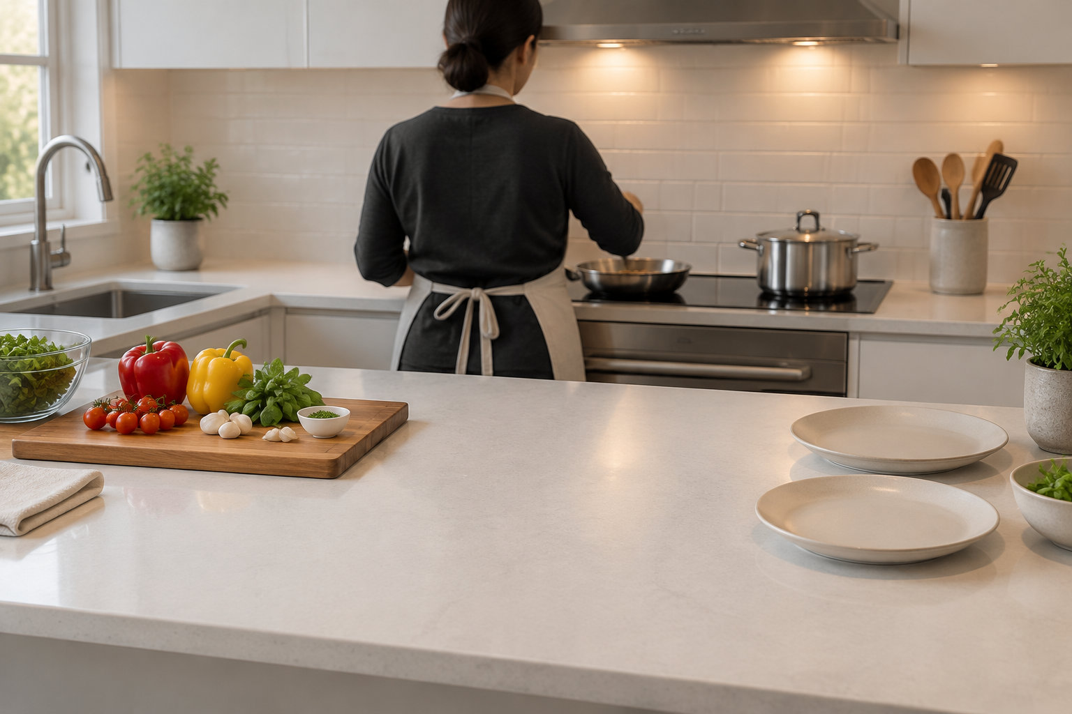Une personne cuisine devant une plaque, avec des légumes coupés, des ustensiles et deux assiettes disposés sur un grand plan de travail.