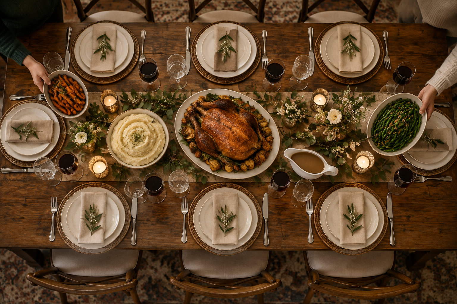Une table en bois dressée pour un repas, avec un rôti, des accompagnements, des fleurs et des bougies, tandis que deux personnes servent des plats.