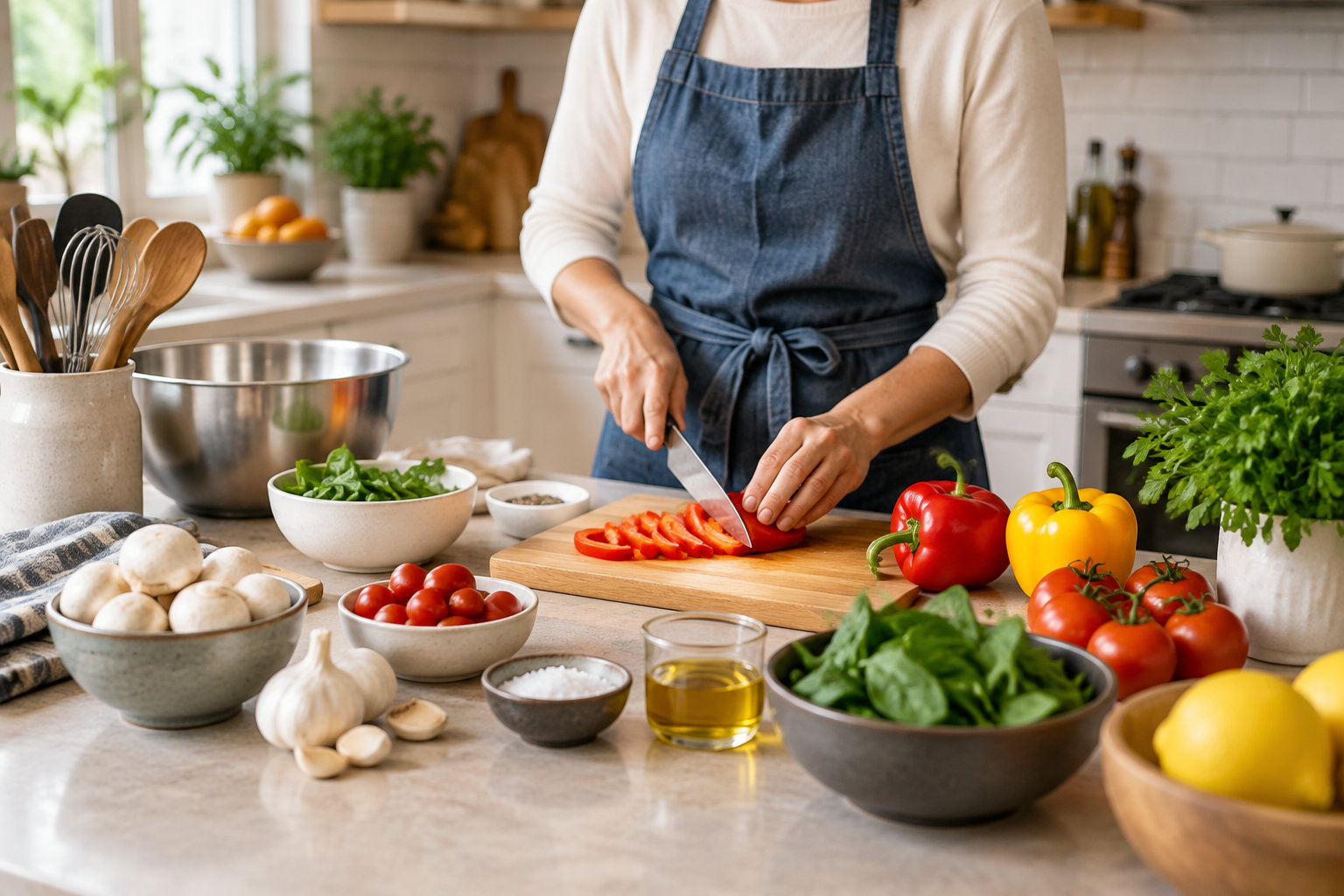 Une personne en tablier coupe un poivron rouge sur une planche, entourée de légumes, de bols et d’ustensiles dans une cuisine.
