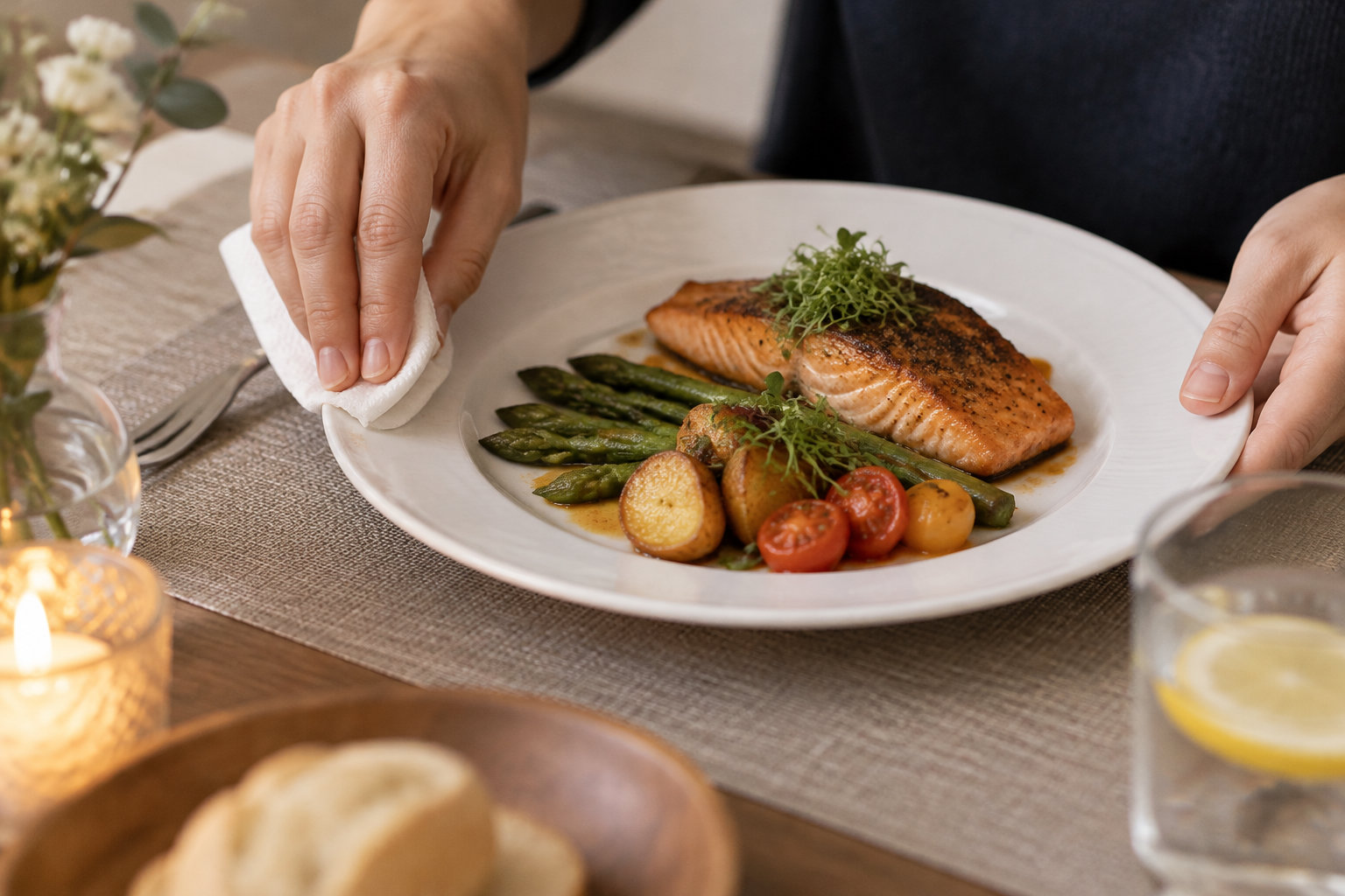 Une personne essuie le bord d’une assiette contenant un filet de saumon, des asperges, des pommes de terre et des tomates, sur une table dressée à la lueur d’une bougie.