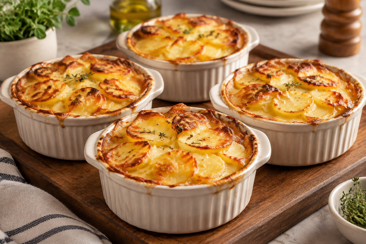 Quatre gratins de pommes de terre dorés sont présentés dans des ramequins blancs sur une planche en bois.