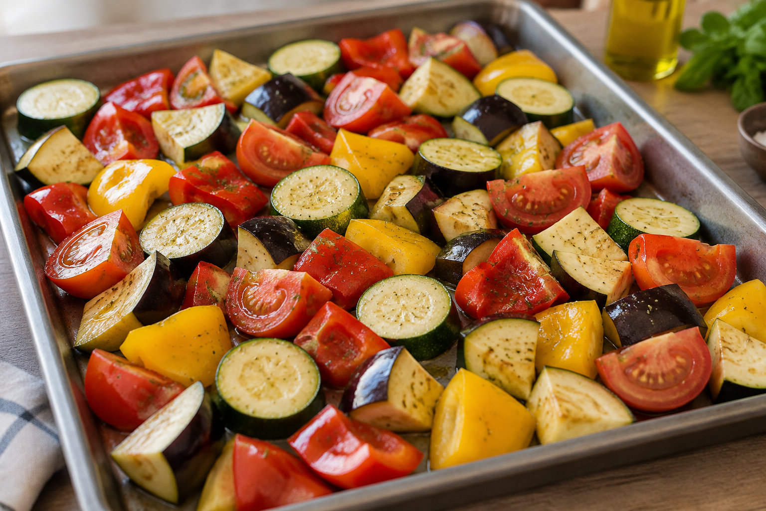 Un plat de cuisson rempli de morceaux de tomates, courgettes, poivrons et aubergines assaisonnés, avec une bouteille d’huile et des herbes en arrière-plan.