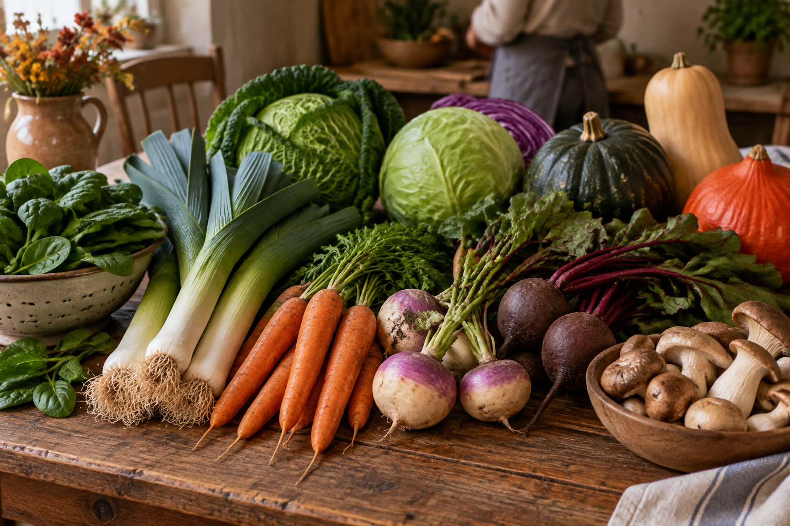 Des légumes d’automne variés sont disposés sur une table en bois, tandis qu’une personne se tient derrière.