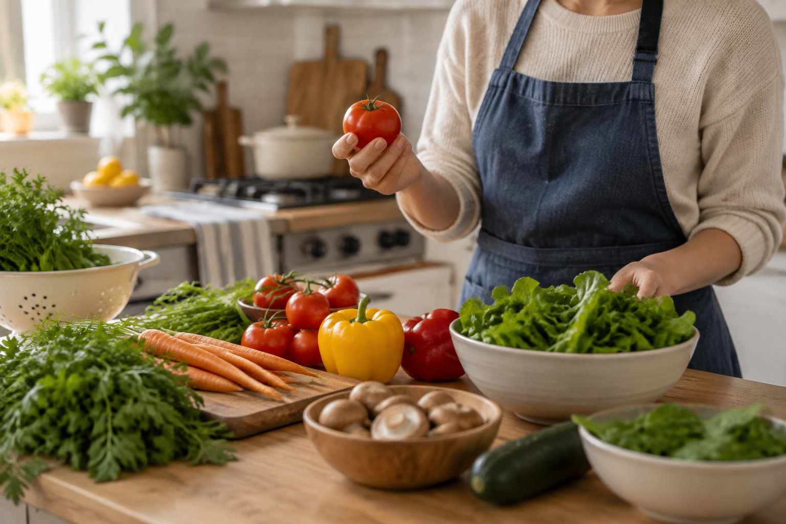 Une personne en tablier tient une tomate au-dessus d’un plan de travail couvert de légumes frais dans une cuisine.