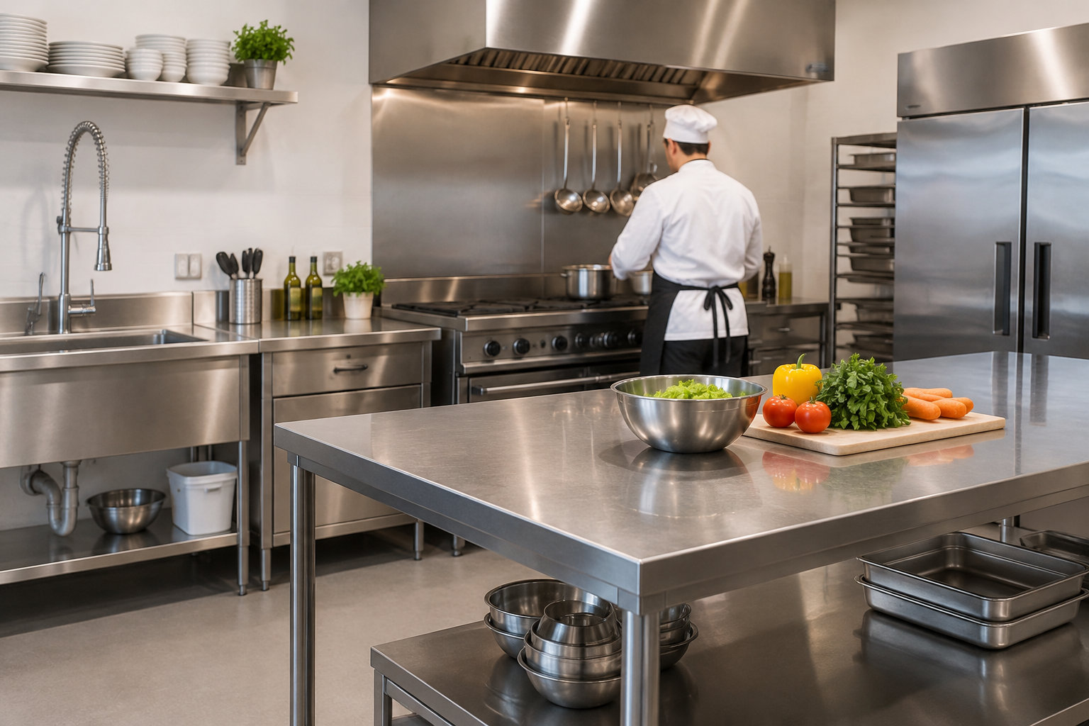Un cuisinier en tenue blanche prépare un plat dans une cuisine professionnelle en inox, avec des légumes disposés sur une planche.