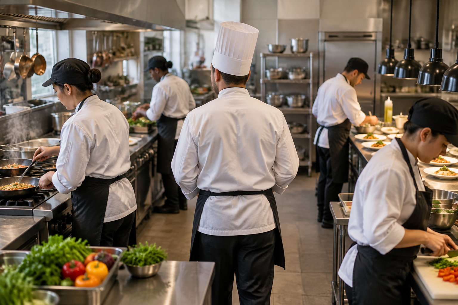 Plusieurs cuisiniers en veste blanche et tablier noir préparent des plats dans une cuisine professionnelle.