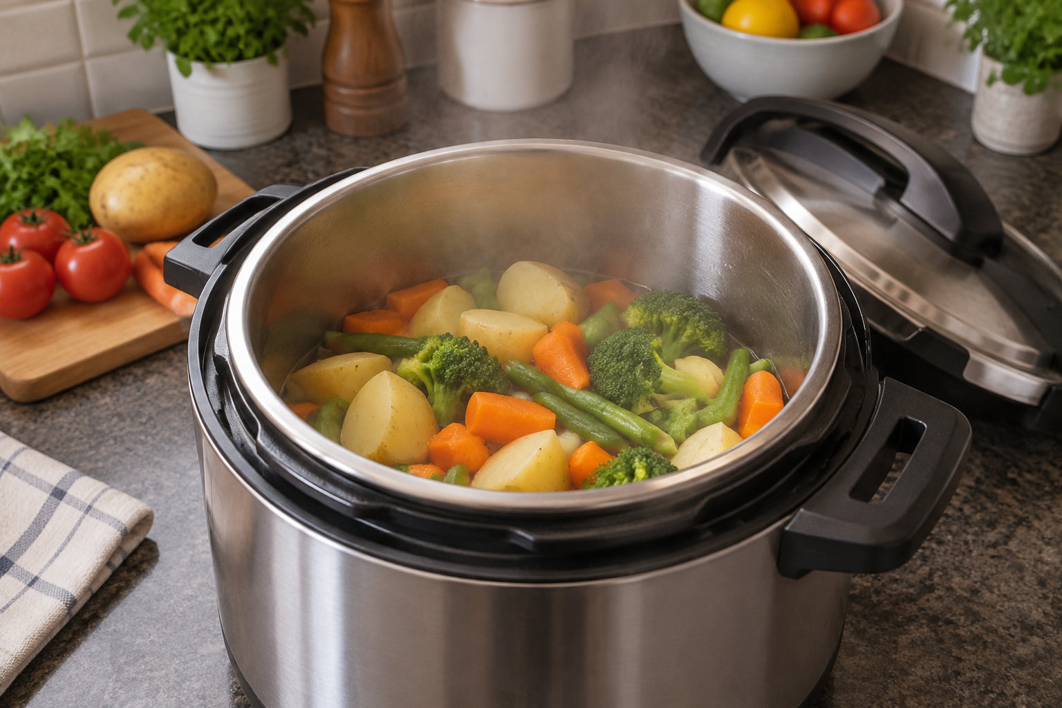 Une cocotte-minute ouverte contient des légumes cuits à la vapeur, avec des tomates, une pomme de terre et des herbes sur une planche à découper à côté.