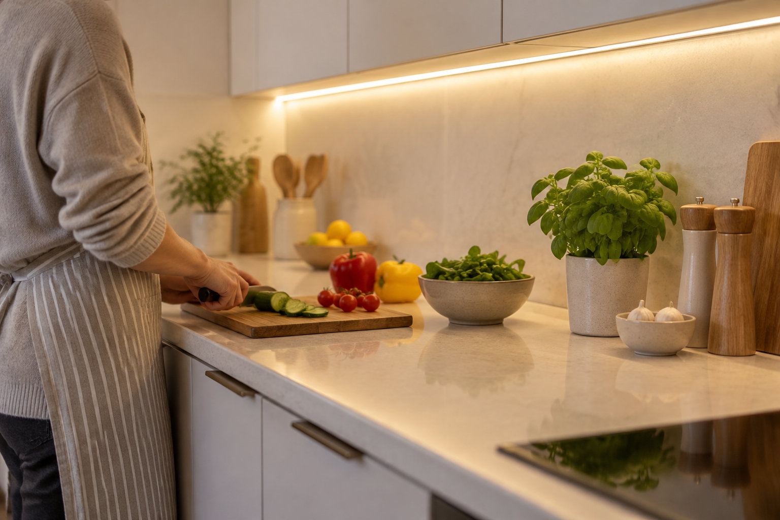 Une personne coupe des légumes sur une planche dans une cuisine lumineuse, près de bols d’herbes fraîches, d’ail et de moulins à épices.