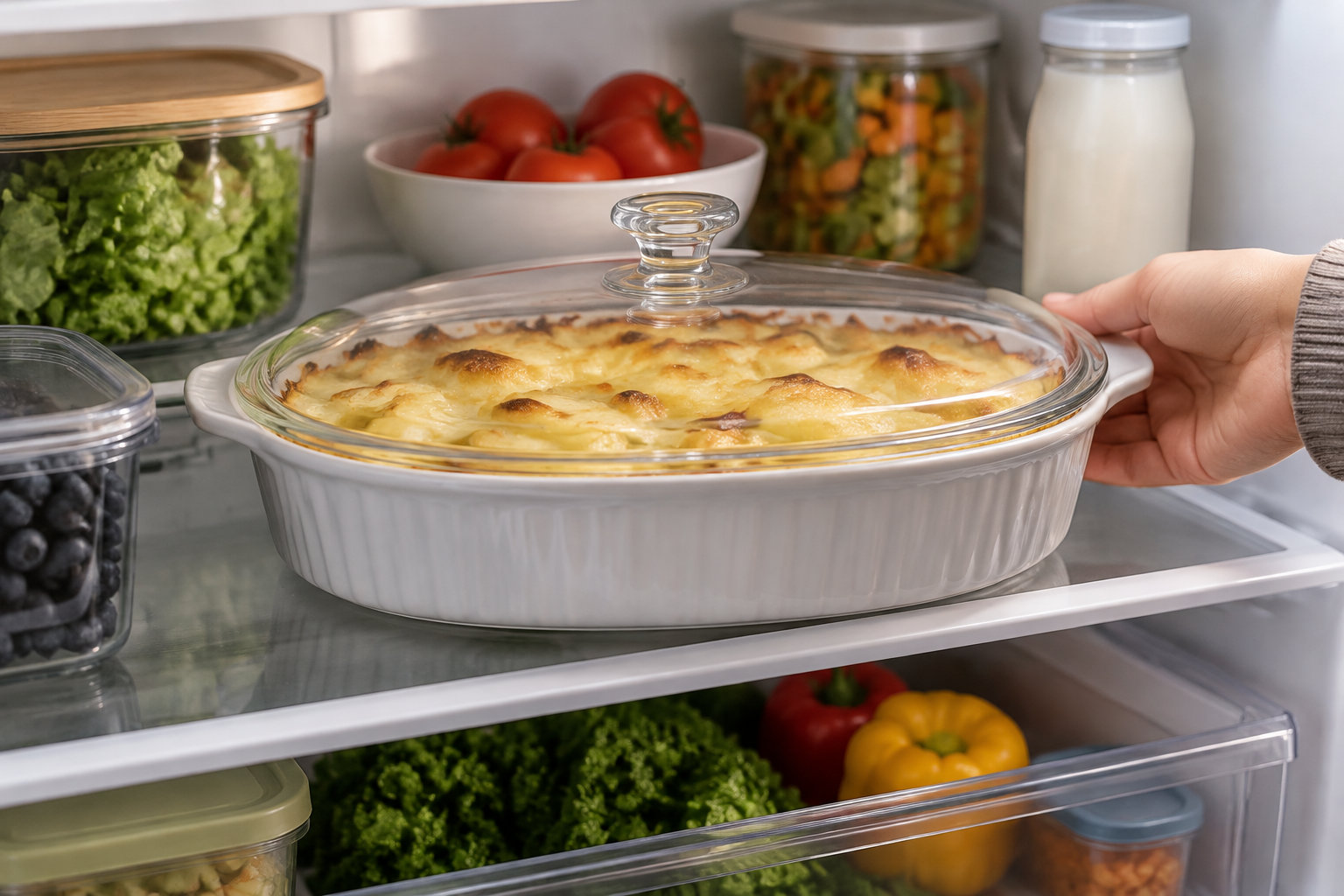 Une main place un plat à gratin couvert dans un réfrigérateur rempli de légumes, de tomates, de bocaux et d’une bouteille de lait.
