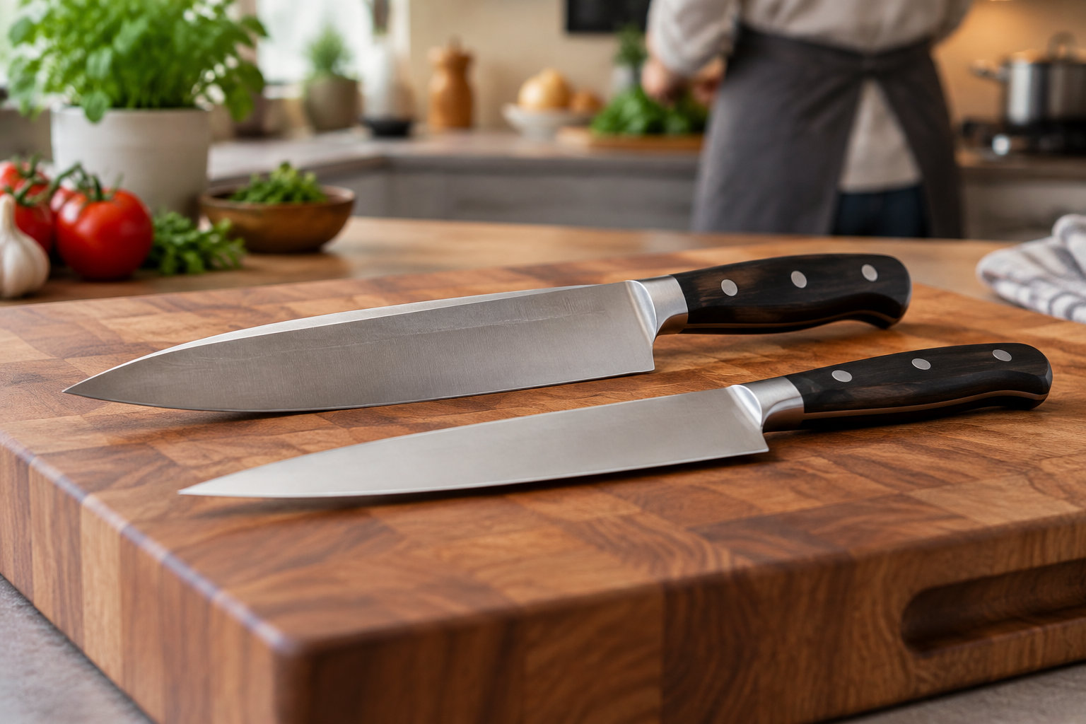 Deux grands couteaux à manche noir sont posés sur une épaisse planche à découper en bois, dans une cuisine où l’on voit des tomates, de l’ail et des herbes.
