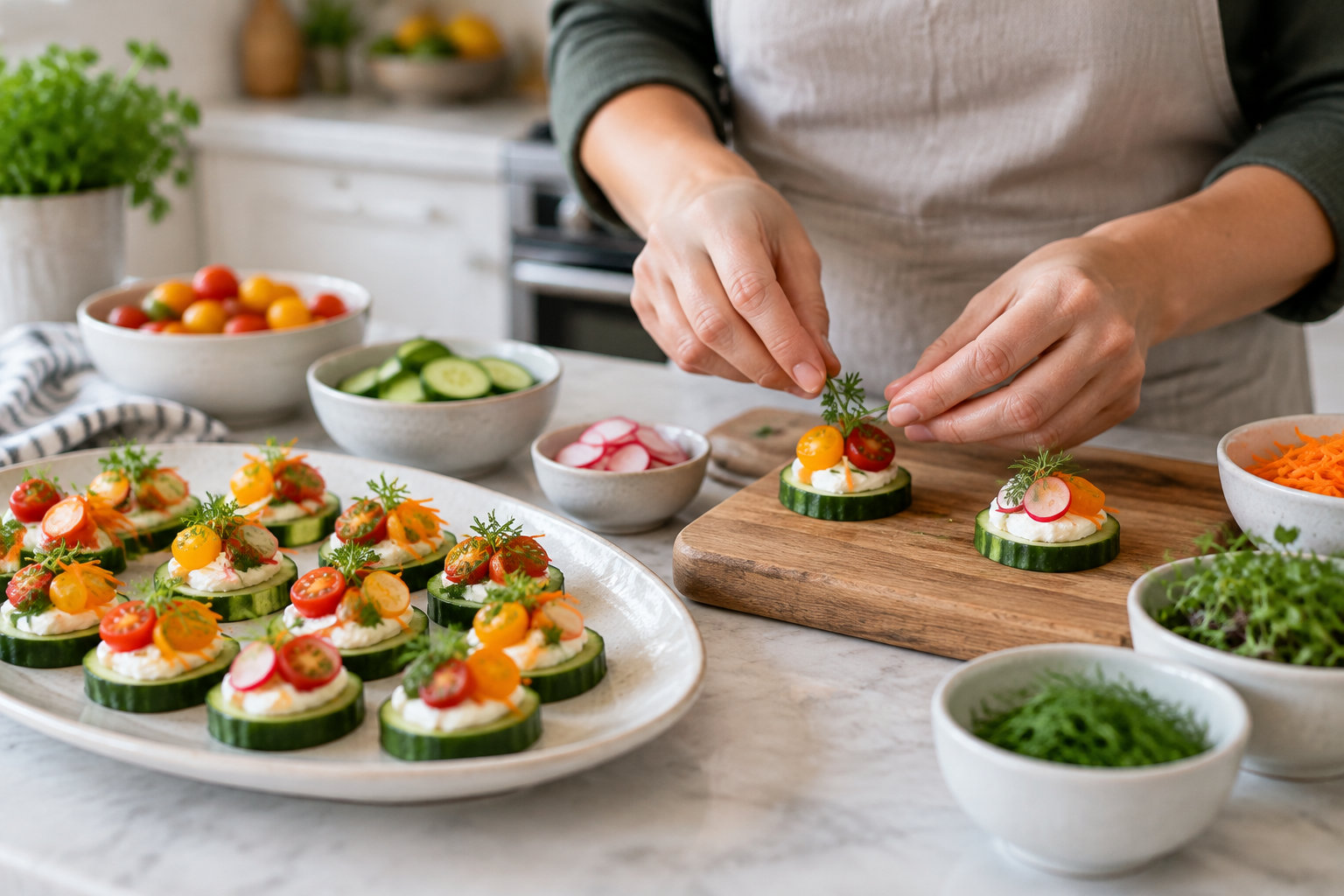 Une personne décore des rondelles de concombre garnies de fromage frais, de tomates et de légumes, à côté d’un grand plat d’amuse-bouches similaires.