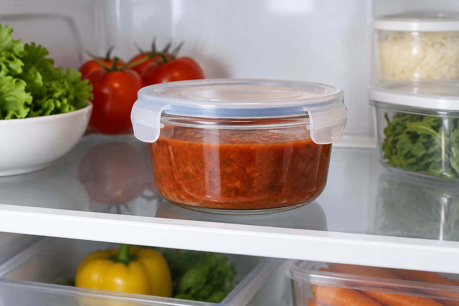 Un récipient hermétique rempli de sauce tomate est posé sur une étagère de réfrigérateur, près de légumes frais.