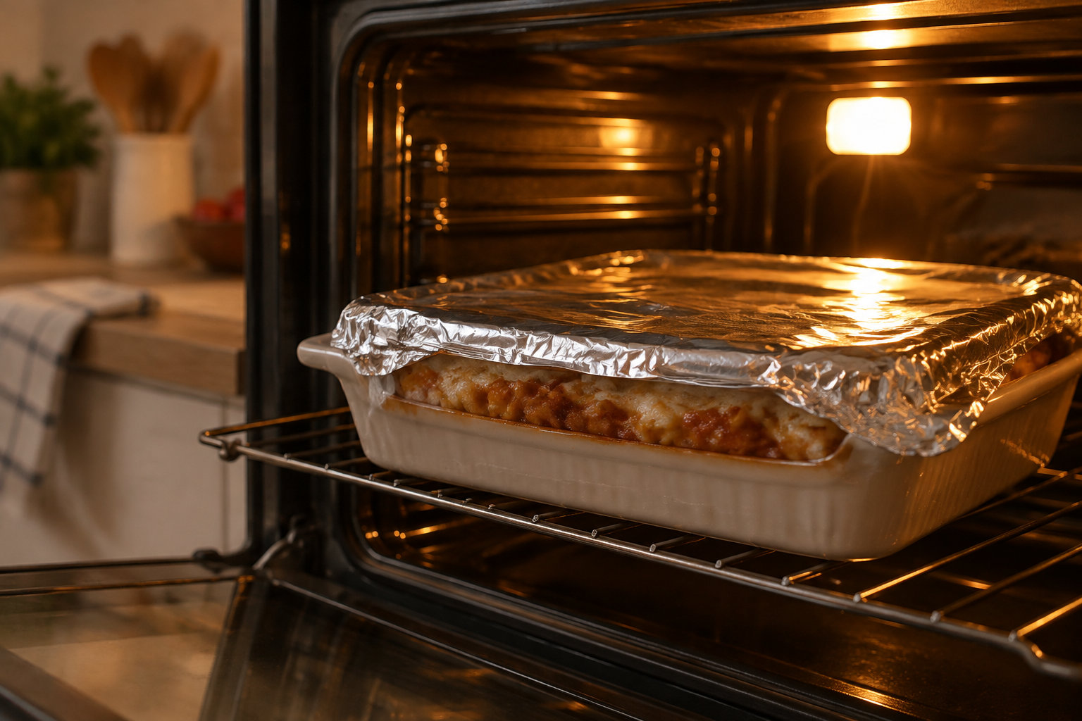 Un plat recouvert de papier aluminium cuit dans un four allumé.