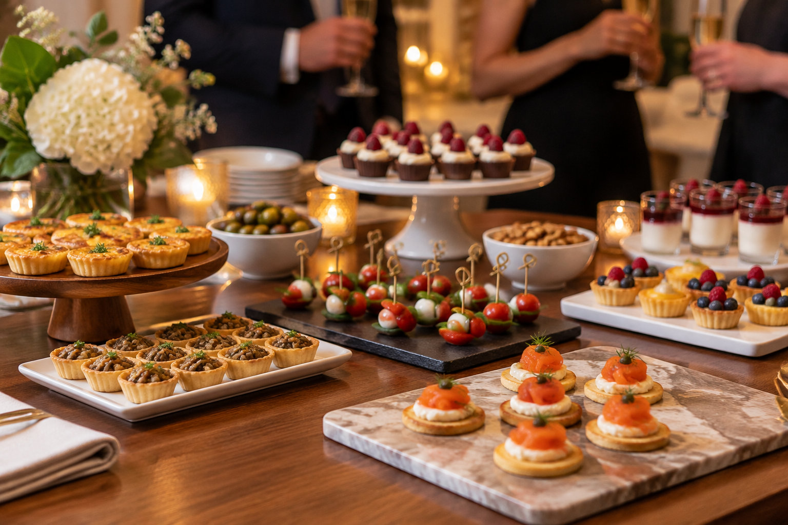 Un buffet présente des tartelettes salées, des bouchées au saumon, des verrines et des petits gâteaux, avec des invités tenant des verres en arrière-plan.