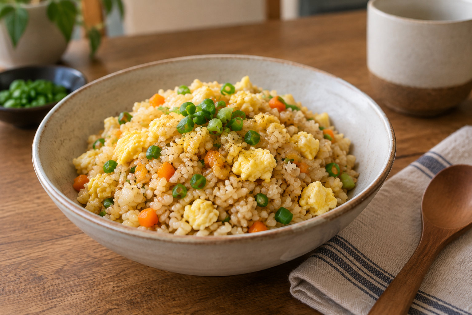 Un bol de semoule garnie de petits pois, de carottes et d’œufs brouillés est posé sur une table en bois, près d’une cuillère et d’un torchon.