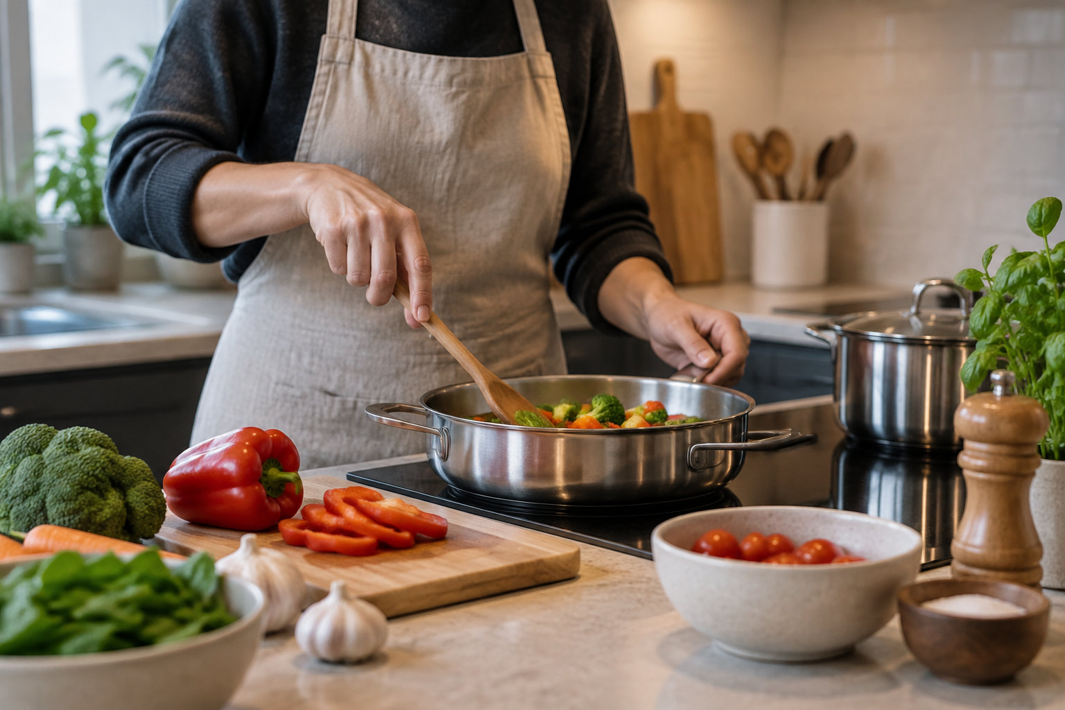 Une personne en tablier remue des légumes dans une casserole, entourée de légumes frais sur un plan de travail de cuisine.