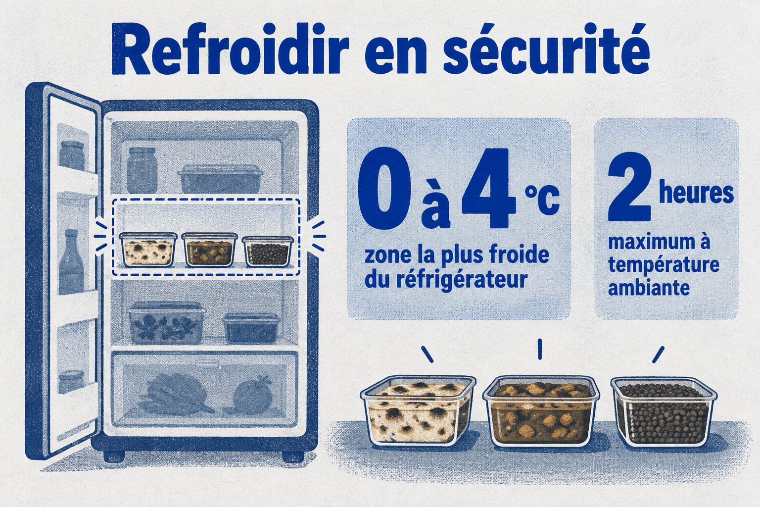 Conservez les plats dans la zone la plus froide du réfrigérateur, entre 0 à 4 °C, et ne les laissez pas plus de 2 heures à température ambiante ; répartissez-les dans des boîtes peu profondes.